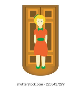 a little blonde girl in a red dress was standing in front of a brown door