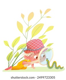 Little blonde girl study caterpillar with magnifying glass in nature. Cute girl study and explore insect, character illustration. Kids vector graphic illustration for children, hand drawn cartoon.