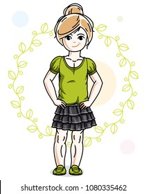 Little blonde girl toddler in fashionable casual clothes posing on green eco background. Vector illustration of kid standing. 