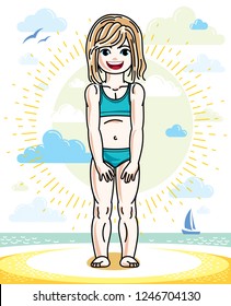 Little blonde girl toddler standing on sunny beach and wearing swimming suit. Vector kid illustration. Summer holidays theme.