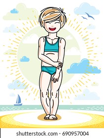 Little blonde girl toddler standing on sunny beach and wearing swimming suit. Vector kid illustration. Summer holidays theme.