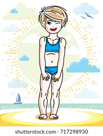 Little blonde girl toddler standing on sunny beach and wearing swimming suit. Vector kid illustration. Summer holidays theme.