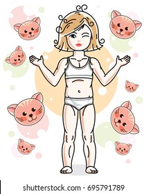 Little blonde girl toddler in underwear standing on background with cats. Vector attractive kid illustration. Sleep time theme.