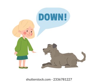 Little blonde girl training big dog to do tricks. Child teaches dog to down command. Cartoon vector illustration pet training isolated on white background. Children and pet friendship