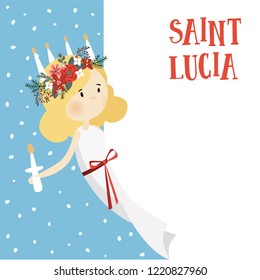 Little Blonde Girl With Wreath And Candle Crown, Saint Lucia. Swedish Christmas Tradition, Vector Illustration Background, Web Banner With Blank Paper. Flat Design.