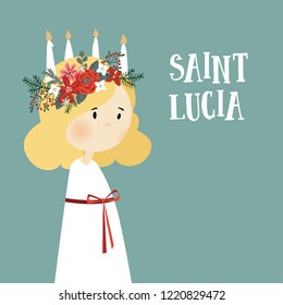 Little Blonde Girl With Wreath And Candle Crown, Saint Lucia. Swedish Christmas Tradition, Vector Illustration Background, Flat Design.