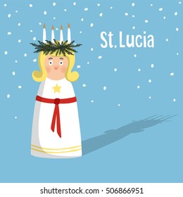 Little Blonde Girl With Wreath And Candle Crown, Saint Lucia. Swedish Christmas Tradition, Vector Illustration Background, Flat Design.