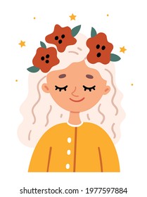 Little blonde girl in a wreath of poppies.Concept of goodness and freedom.Cute book illustration.