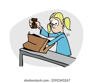 Little blonde hair girl character looking for something in his mother's wallet. Colorful hand drawn cartoon style vector illustration isolated on white background.