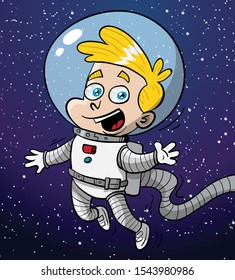 Little blonde kid astronaut out in space