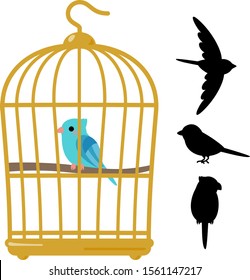 Little blue bird in a bird cage