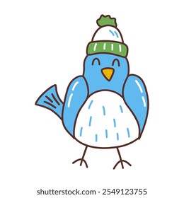 Little blue bird in cute winter hat. Winter season, Christmas vibe and New Year time. Colorful vector isolated illustration in doodle hand drawn. Icon or card clip art