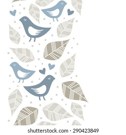 little blue birds in love with hearts dots and leaves seamless vertical border isolated on white background
