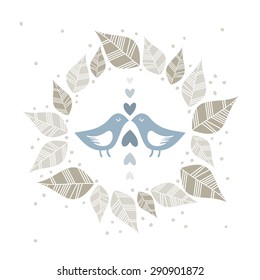 little blue birds in love with hearts dots and leaves wreath illustration isolated on white background