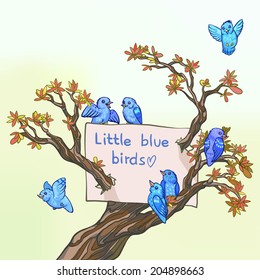 Little blue birds seamless pattern. Vector illustration, EPS 10. Contains transparent objects