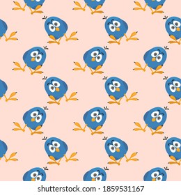 Little blue bird,seamless pattern on pink background.