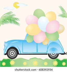 Little blue car with balloons sun palm daisies abstract art creative vector illustration