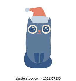 Little blue cat with Santa's hat. Cute sitting feline pet . New Year and Christmas celebration. Freehand isolated element. Vector flat Illustration. Only 5 colors - Easy to recolor.