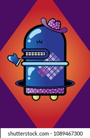 A little blue cowboy robot on an orange and purple  background