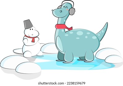 The little blue dinosaur decided to ride the lake ice in beautiful winter