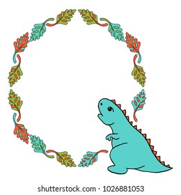 Little Blue Dinosaur Tyrannosaurus is a cartoon character with red spiked plates. Lovely funny. frame of palm leaves. Hand drawn vector illustration. Isolated on white background