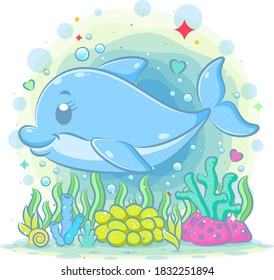 Little blue dolphin is swimming in the beautiful water view of illustration