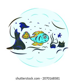 A little blue fish in a sea, a vector smiling fish swimming in an ocean, a fish underwater among seaweeds, a sea colorful fish located underseas and looking at starfish, submarine color world.