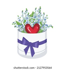 Little blue forget me not flowers in box with bow and heart. Field flowering plants. Romantic decoration for wedding or gift. Vector flat illustration