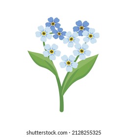 Little blue forget me not flowers in the shape of heart with stems and leaves. Field flowering plants. Romantic decoration for wedding and design. Vector flat illustration