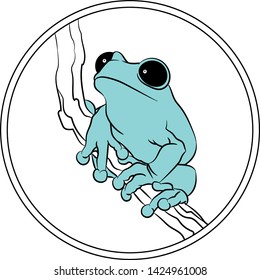 Little blue frog on branch in a circle. Vector