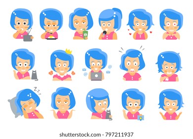 Little blue Head Girl Cute Portrait Icons