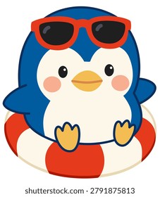 A little blue penguin wearing red sunglasses and sitting on a red and white striped life buoy, representing a fun summer beach holiday.