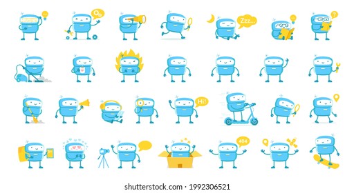Little blue Robot mascot character big set. All tasks. Cute Robot stickers. Cartoon flat vector illustrations. Artificial Intelligence. Support service-center. Chat bot.