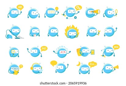 Klein blauer, runder Roboter Maskottchen-Charakter großen Set. Cute Robot Emoji. Cartoon-Vektorgrafiken. Künstliche Intelligenz.