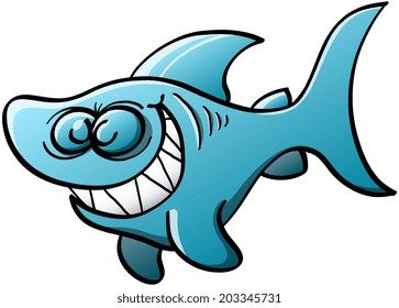Little blue shark with big fins and tail while swimming, closing its eyes and grinning mischievously