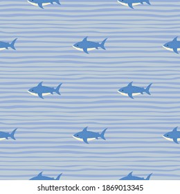 Little blue sharks seamless pattern. Underwater animal ornament with striped background. Decorative backdrop for fabric design, textile print, wrapping, cover. Vector illustration.