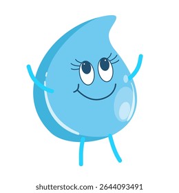 Little blue water drop with big eyes, smile and raised hands on white background. Cute character. Cartoon vector illustration for children's book, print, stickers.