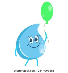 Little blue water drop with green balloon on white background. Cute character. Cartoon vector illustration for children's book, print, stickers.