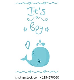 Little Blue Whale, vector illustration isolated on white background, baby shower decor