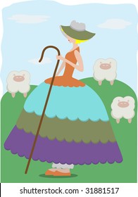 Little Bo Peep with sheep wearing large colorful dress