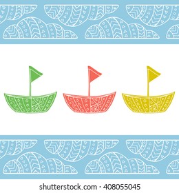 Little boat with clouds. Doodle card 