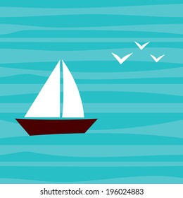 Little Boat with Seagulls in the Sea. Summer Vector Background. 