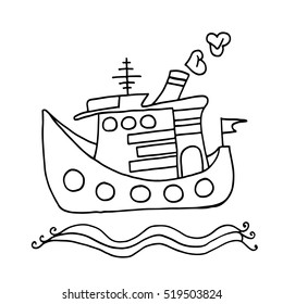 Little boat with a sky and waves isolated on the white background. For coloring book, card, invitation, posters, cover, texture backgrounds, placards, banners.