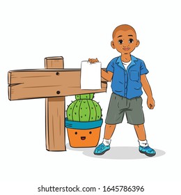 little bold boy holding blank paper on sign hand draw vector