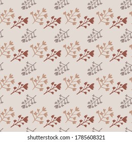 Little botanic ornament of branches seamless pattern. Grey background and red, orange and grey botanic elements. Great for wrapping paper, textile, fabric print and wallpaper. Vector illustration.