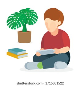 Little boy abstract cartoon character sitting in lotus position with smart pone in hands. Vector illustration, part of set.