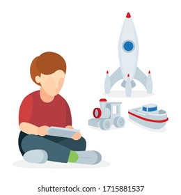 Little boy abstract cartoon character sitting in lotus position with smart pone in hands and toys. Vector illustration, part of set.