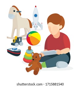 Little boy abstract cartoon character sitting in lotus position with smart pone in hands and toys. Vector illustration, part of set.