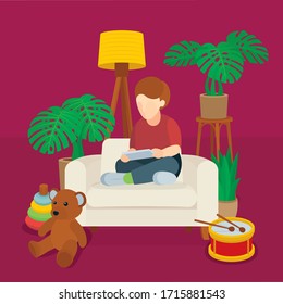 Little boy abstract cartoon character sitting in lotus position with smart pone in hands and toys. Vector illustration, part of set.