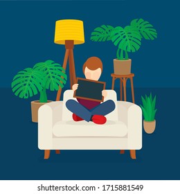 Little boy abstract cartoon character sitting in lotus position with blank blackboard in hands. Vector illustration, part of set.